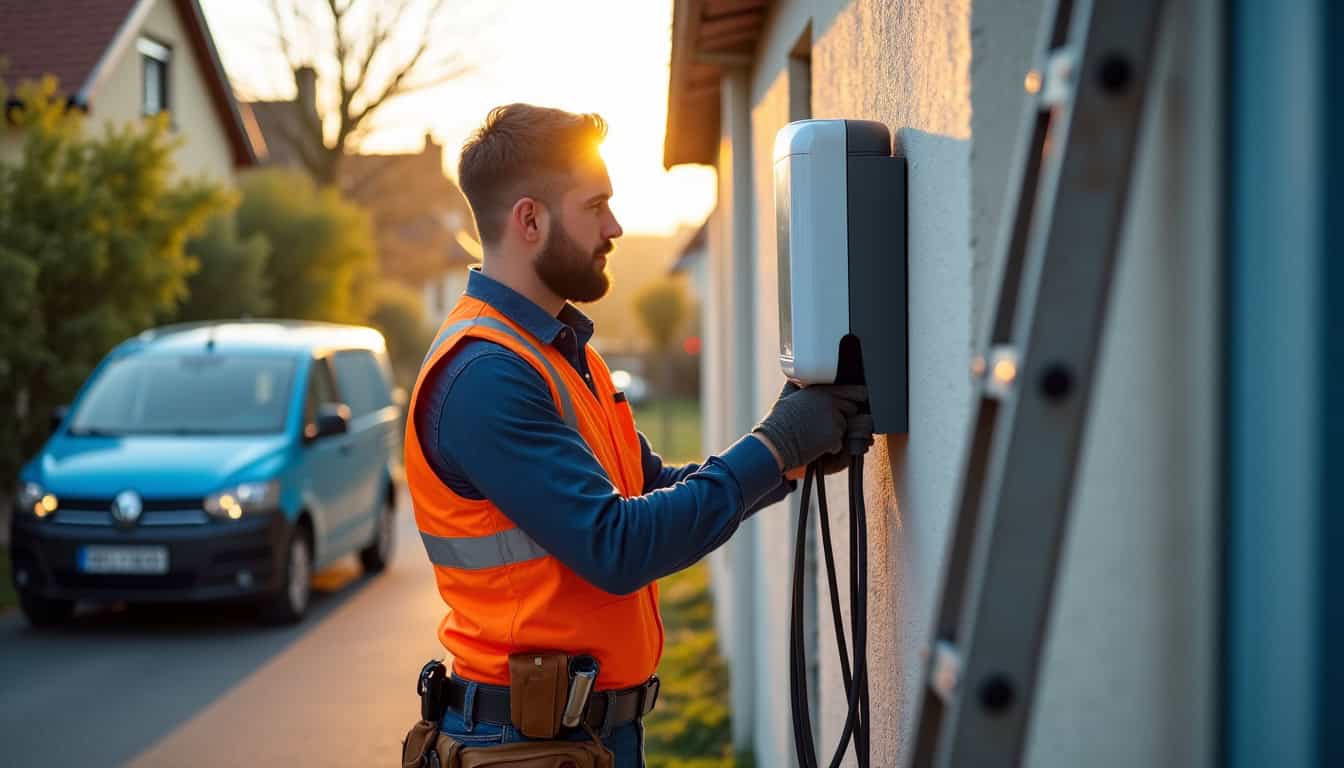 Technicien en train d’installer une borne de recharge à Flines-lès-Mortagne
