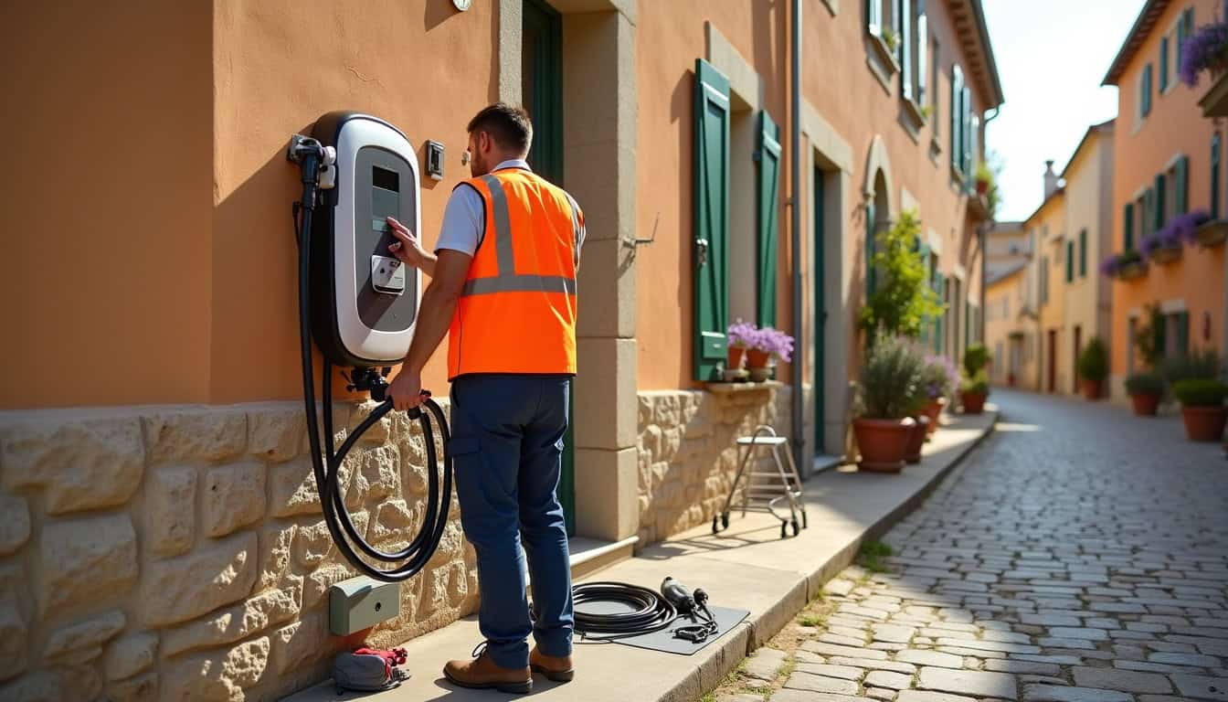 Technicien en train d’installer une borne de recharge à Pernes-les-Fontaines