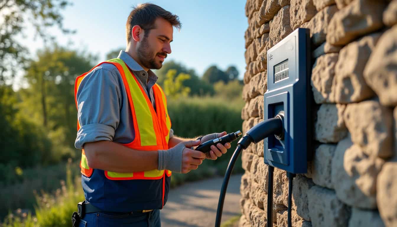 Technicien en train d’installer une borne de recharge à Radenac