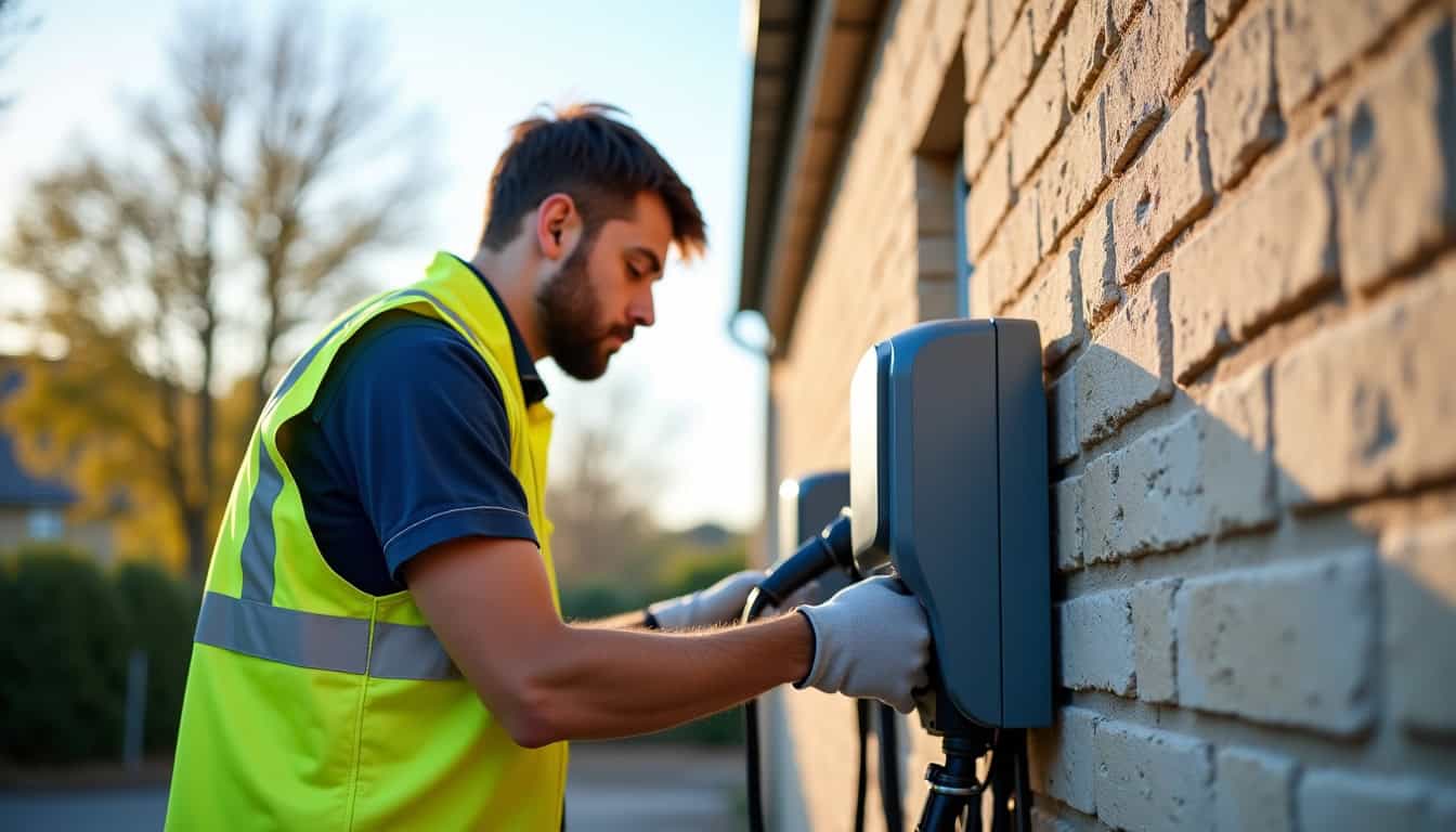 Technicien en train d’installer une borne de recharge à Reims