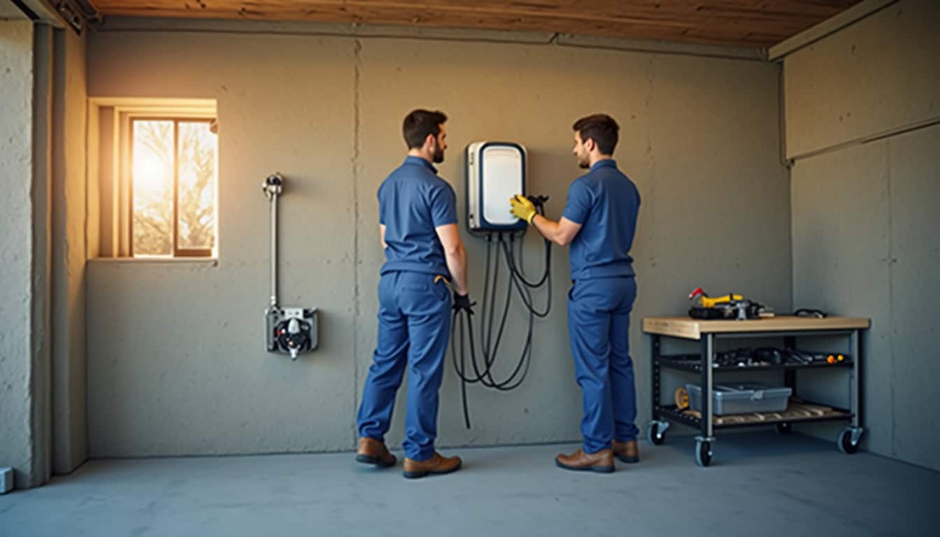 Technicien en train d’installer une borne de recharge dans un garage à L