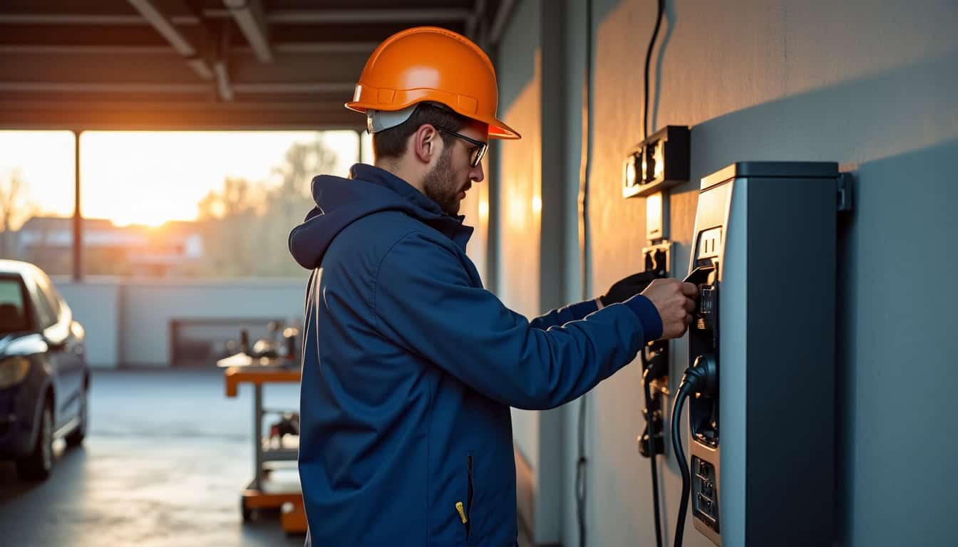 Technicien en train d’installer une borne de recharge dans un garage à Mesnil-Raoul