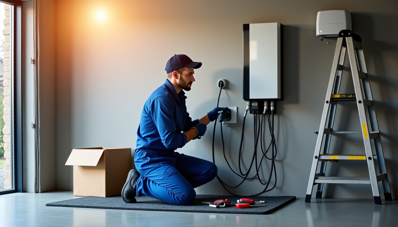 Technicien en train d’installer une borne de recharge dans un garage à Morancé