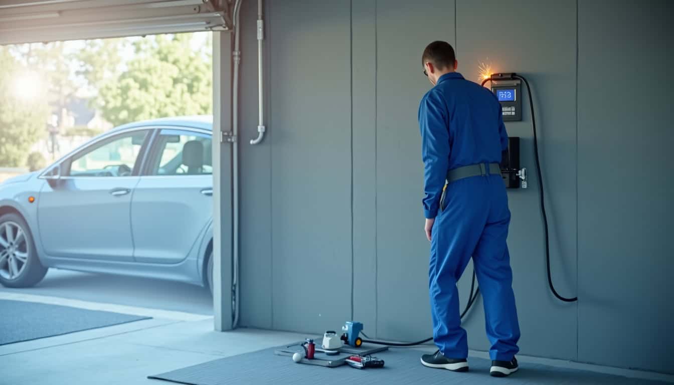 Technicien en train d’installer une borne de recharge dans un garage à Spay