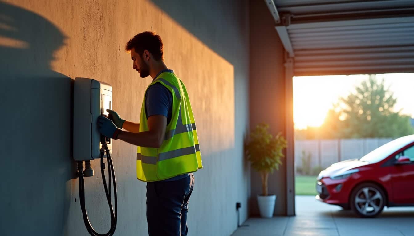 Technicien en train d’installer une borne de recharge dans un garage à Vert-en-Drouais