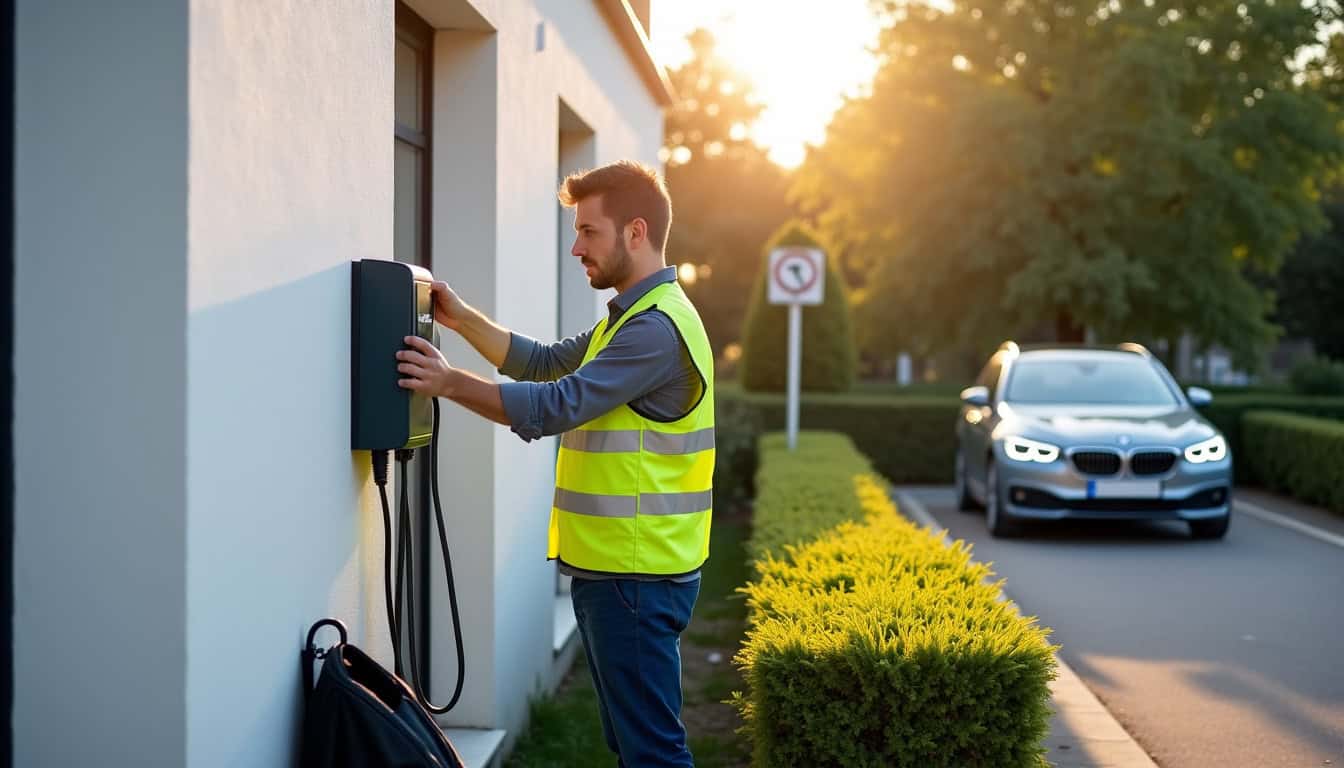 Technicien en train d’installer une borne de recharge électrique à Avoine