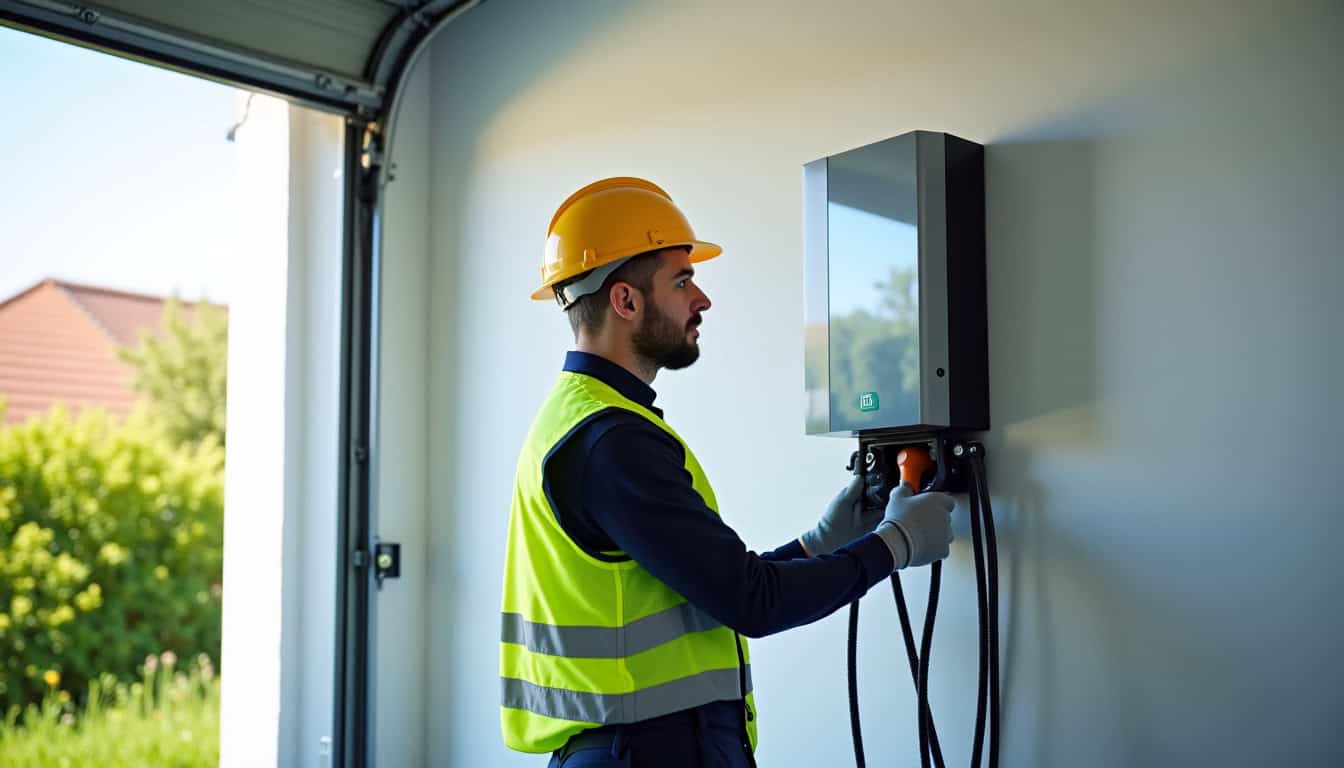 Technicien en train d’installer une borne de recharge électrique à Bellegarde-en-Forez