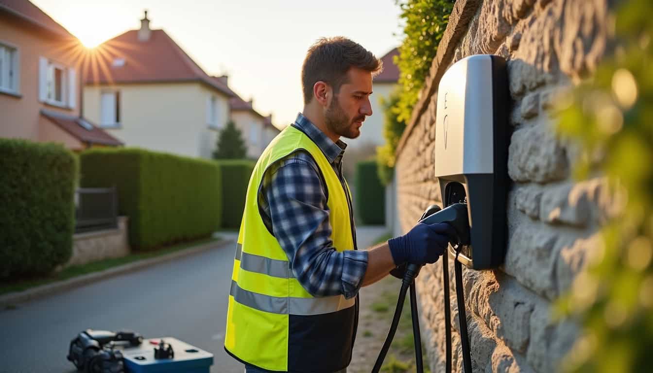 Technicien en train d’installer une borne de recharge électrique à Brezolles