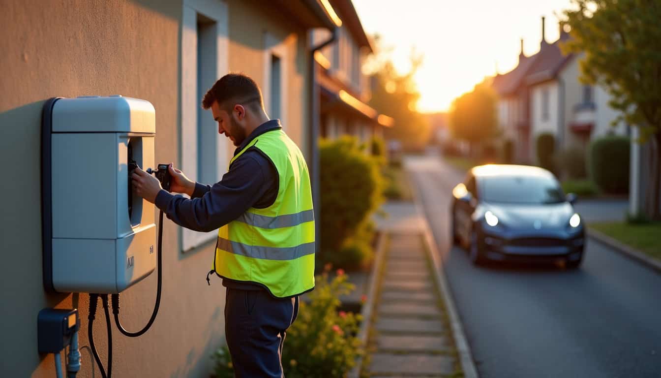 Technicien en train d’installer une borne de recharge électrique à Bucquoy