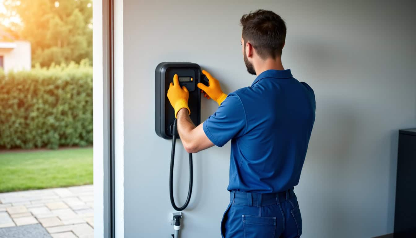 Technicien en train d’installer une borne de recharge électrique à Chartrettes