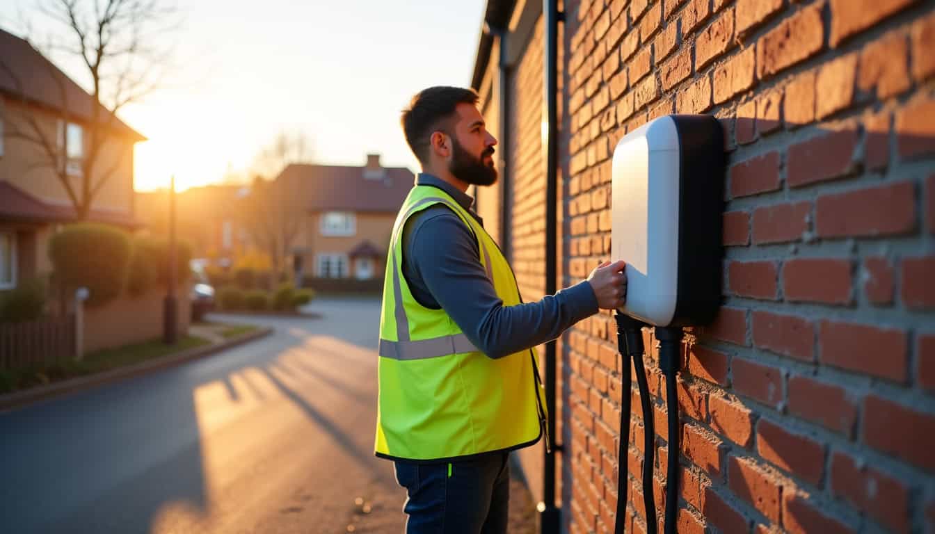 Technicien en train d’installer une borne de recharge électrique à Chevillon