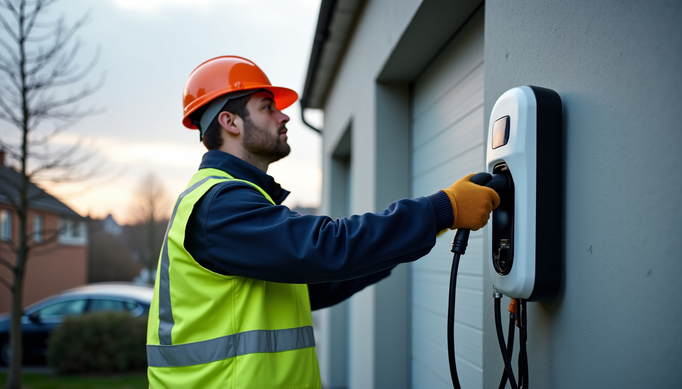 Technicien en train d’installer une borne de recharge électrique à Hazebrouck