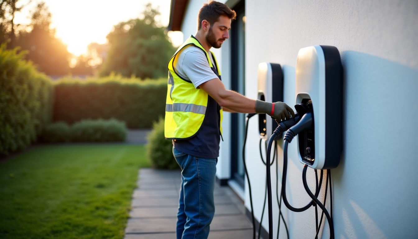 Technicien en train d’installer une borne de recharge électrique à Les Billaux