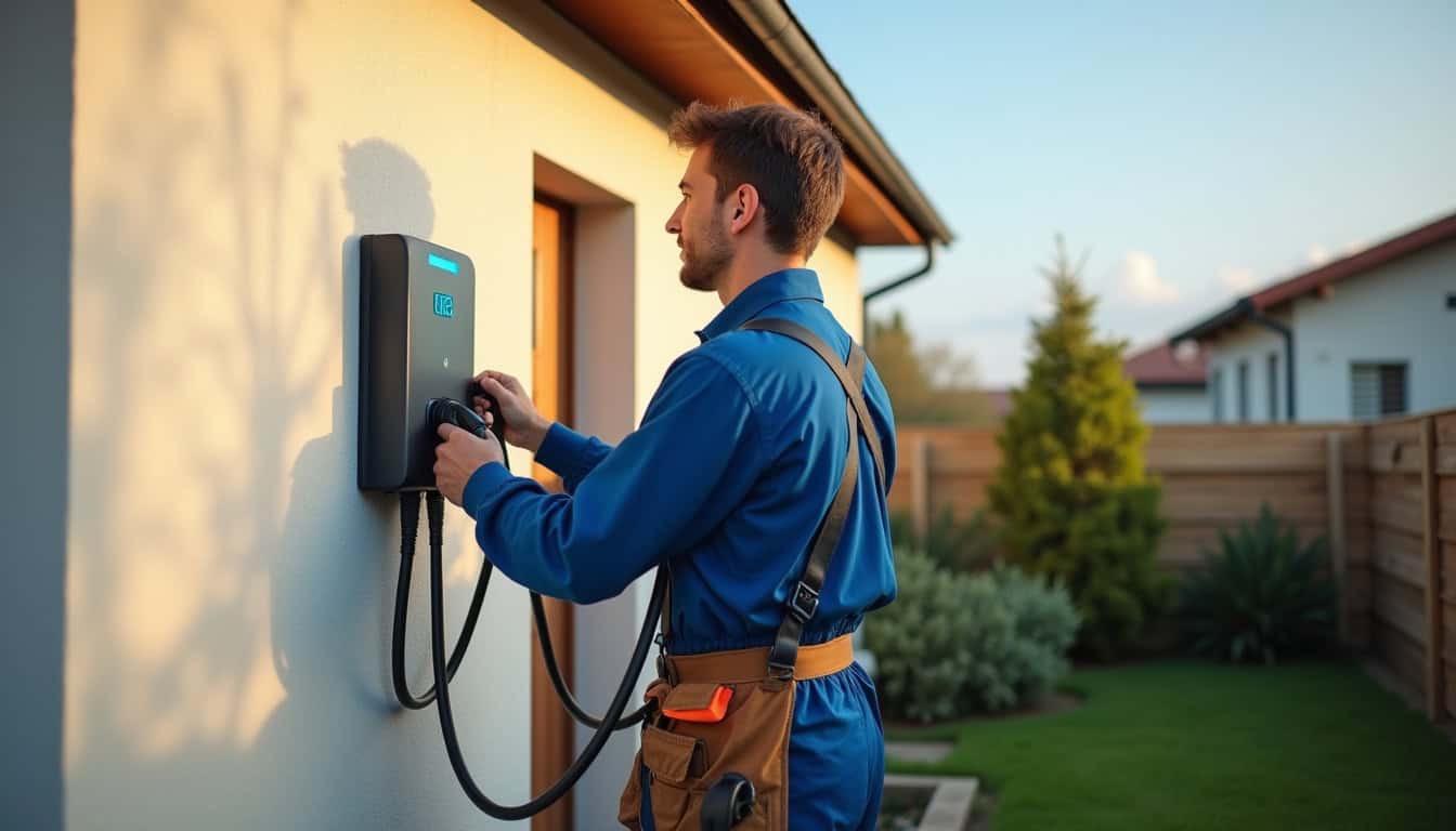 Technicien en train d’installer une borne de recharge électrique à Meylan