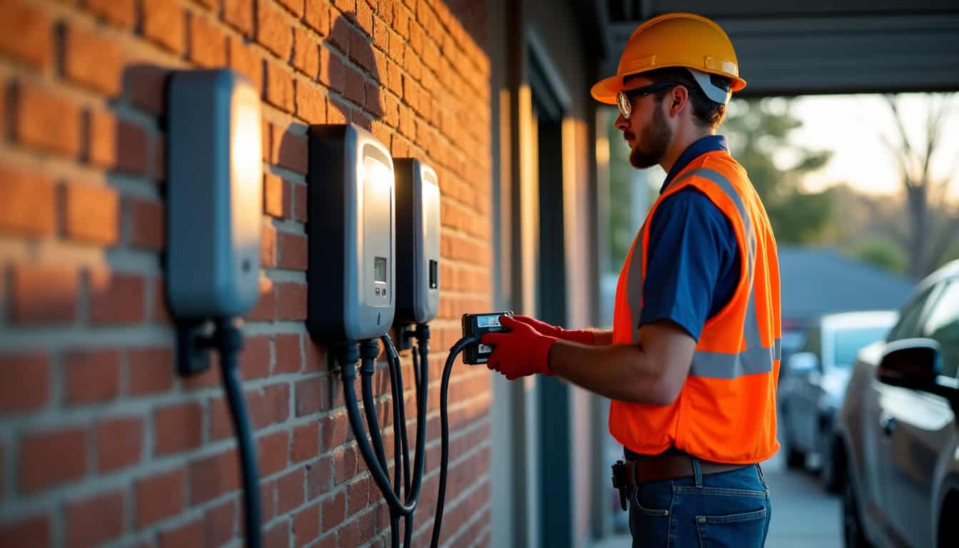 Technicien en train d’installer une borne de recharge électrique à Mont, en conformité avec les normes de sécurité