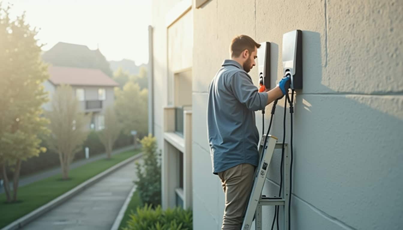 Technicien en train d’installer une borne de recharge électrique à Montcornet