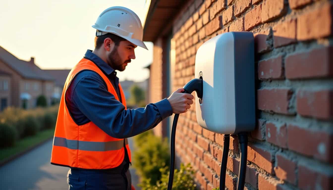 Technicien en train d’installer une borne de recharge électrique à Naours