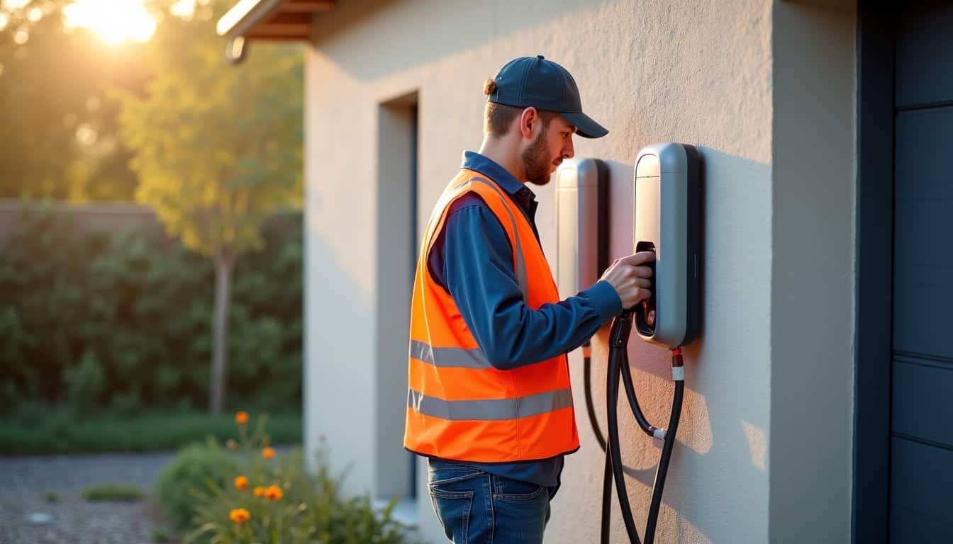 Technicien en train d’installer une borne de recharge électrique à Pavilly