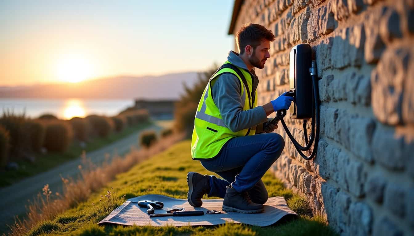 Technicien en train d’installer une borne de recharge électrique à Penmarch