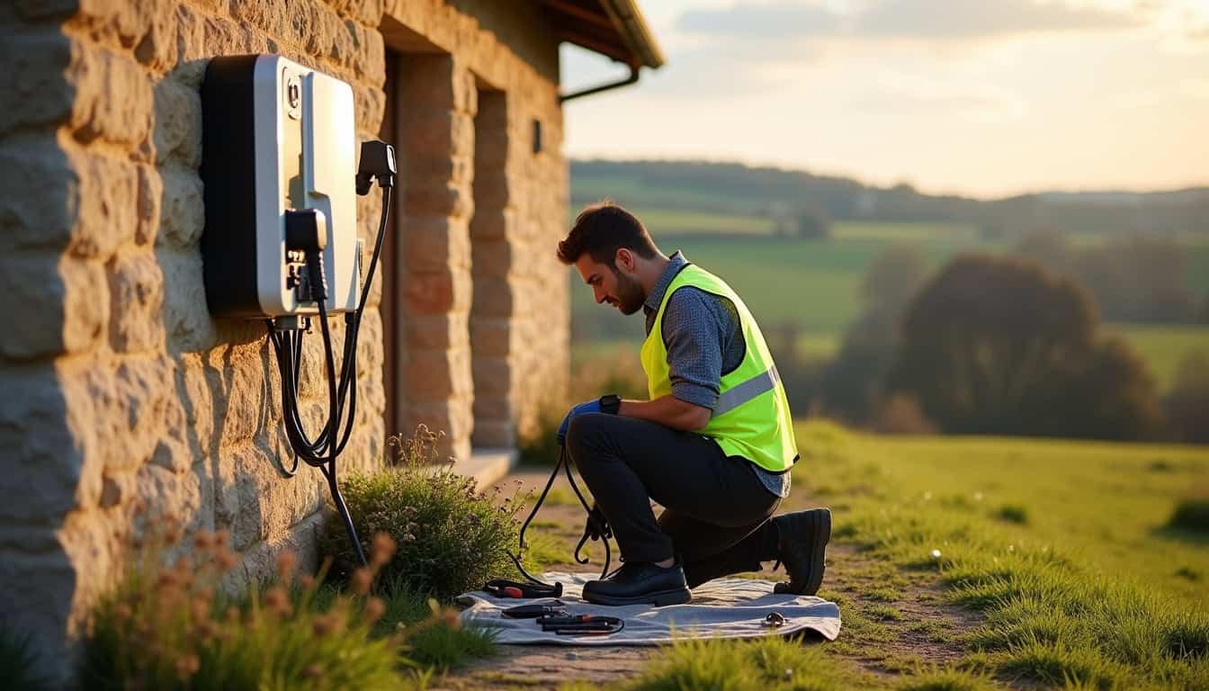 Technicien en train d’installer une borne de recharge électrique à Pionsat, en milieu rural auvergnat