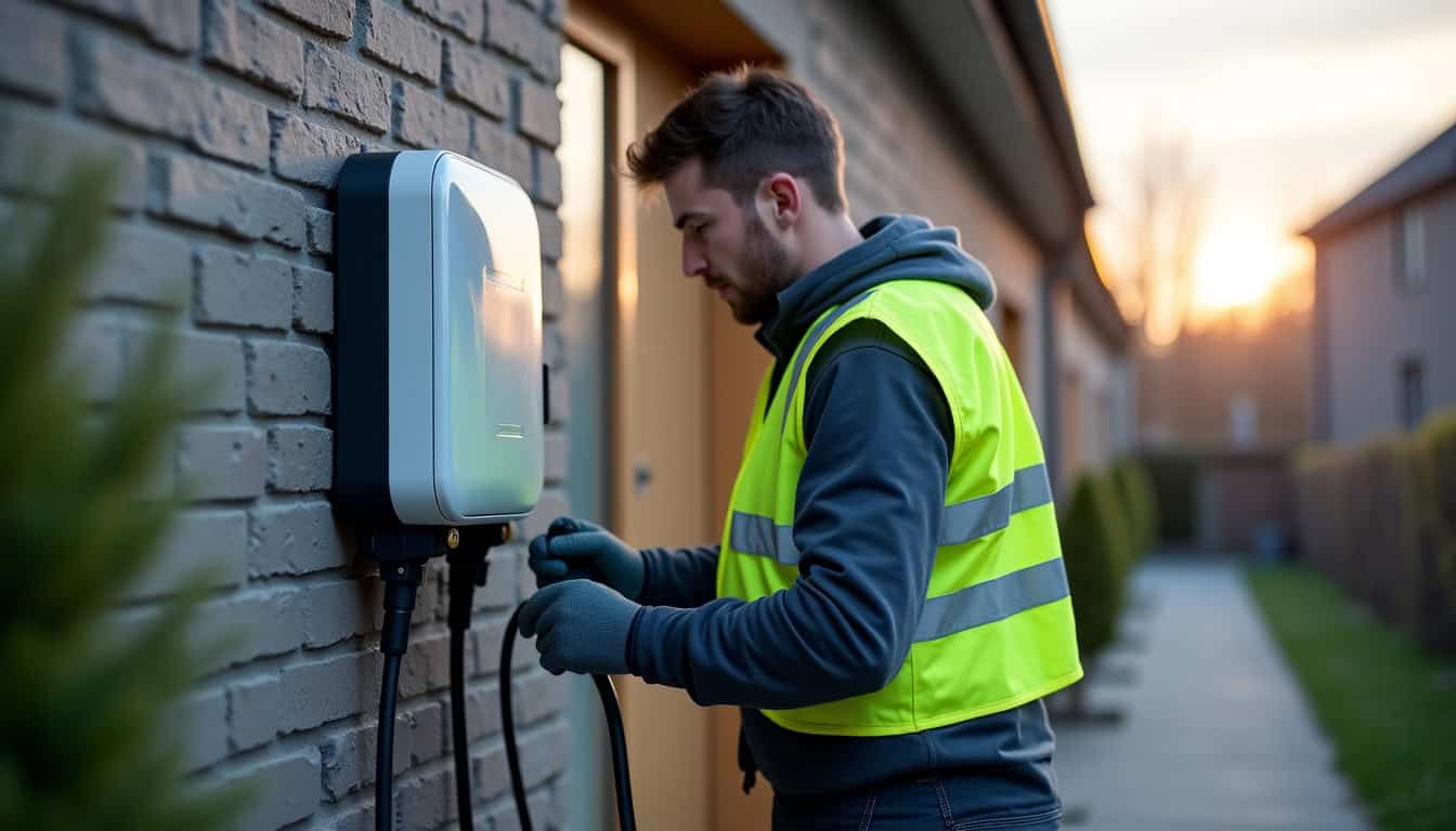 Technicien en train d’installer une borne de recharge électrique à Roisel