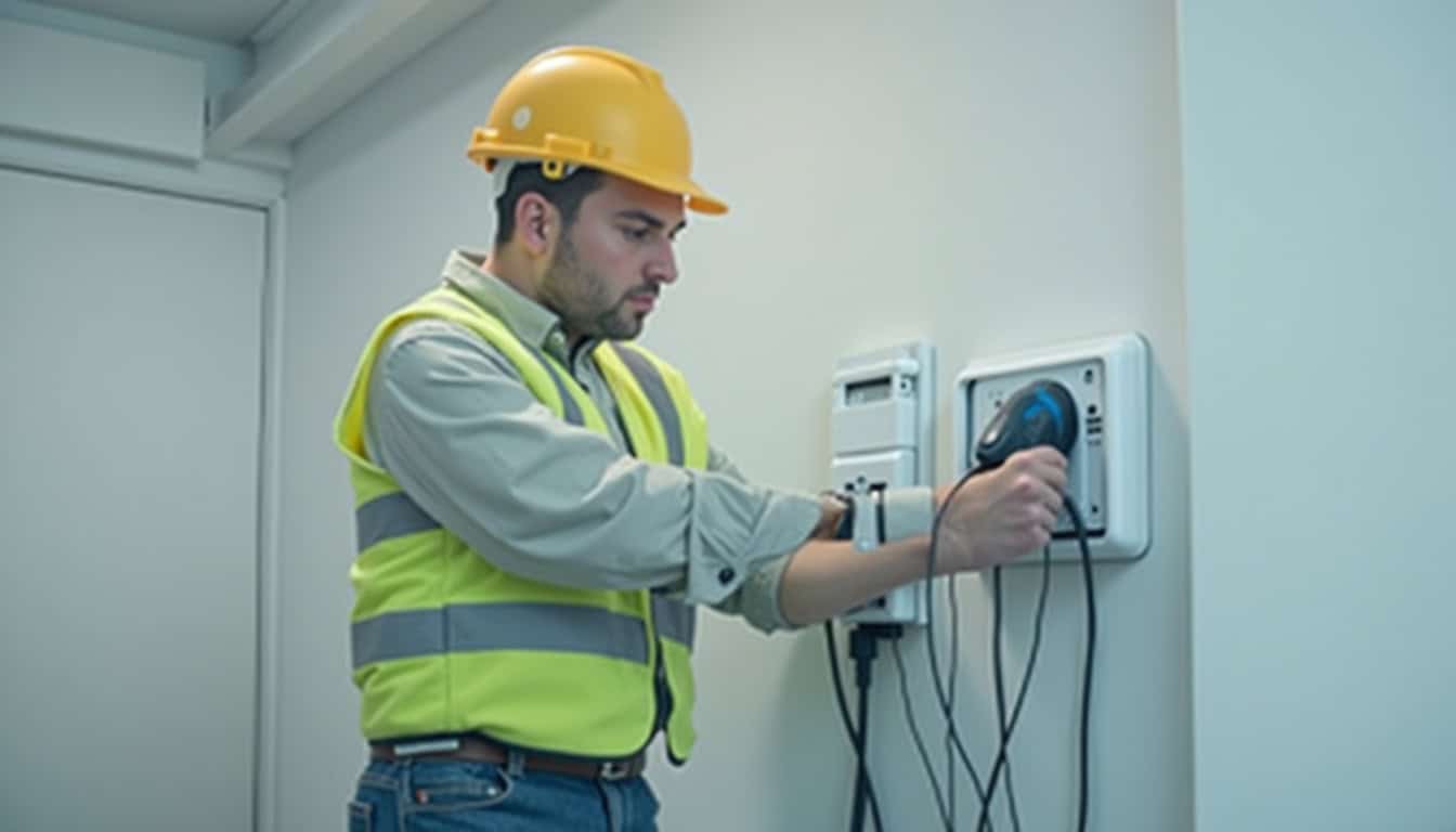 Technicien en train d’installer une borne de recharge électrique, avec un casque et des outils de mesure