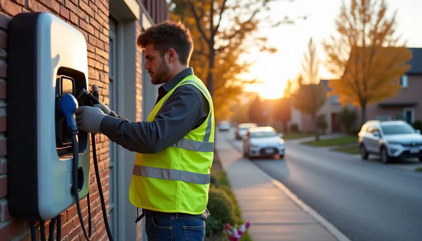 Technicien en train d’installer une borne de recharge électrique chez un particulier à Saint-Jean-de-Braye
