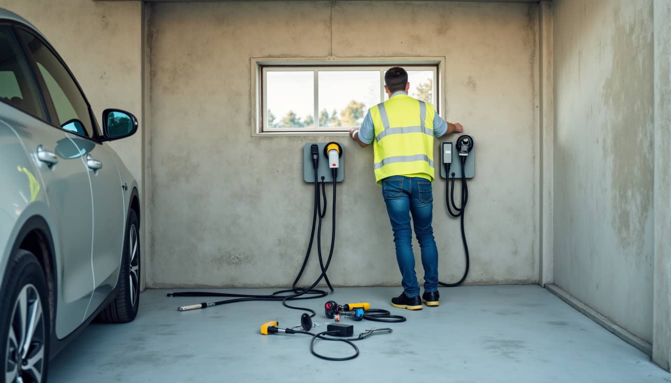 Technicien en train d’installer une borne de recharge électrique dans un garage à Commelle-Vernay
