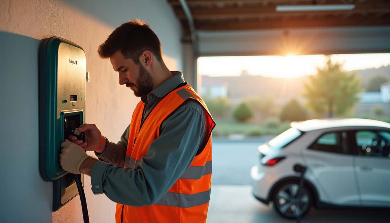 Technicien en train d’installer une borne de recharge électrique dans un garage à Marignane