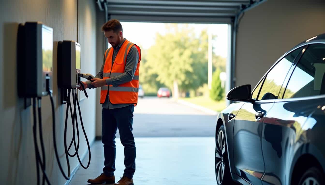 Technicien en train d’installer une borne de recharge électrique dans un garage à Oursbelille
