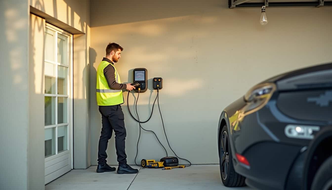 Technicien en train d’installer une borne de recharge électrique dans un garage à Pau