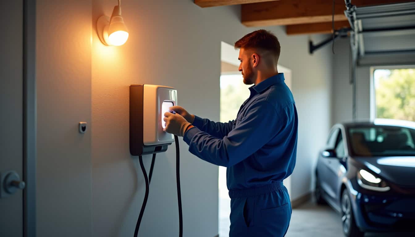 Technicien en train d’installer une borne de recharge électrique dans un garage à Payns