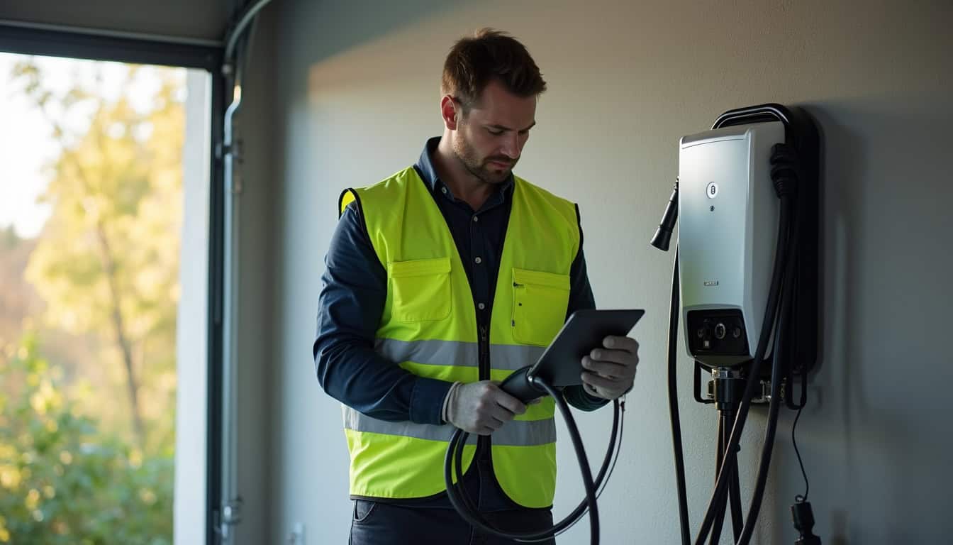 Technicien en train d’installer une borne de recharge électrique dans un garage à Thorey-en-Plaine