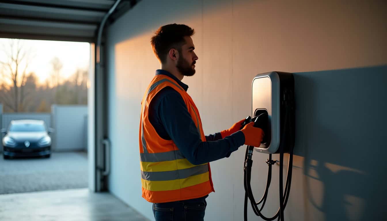 Technicien en train d’installer une borne de recharge électrique dans un garage