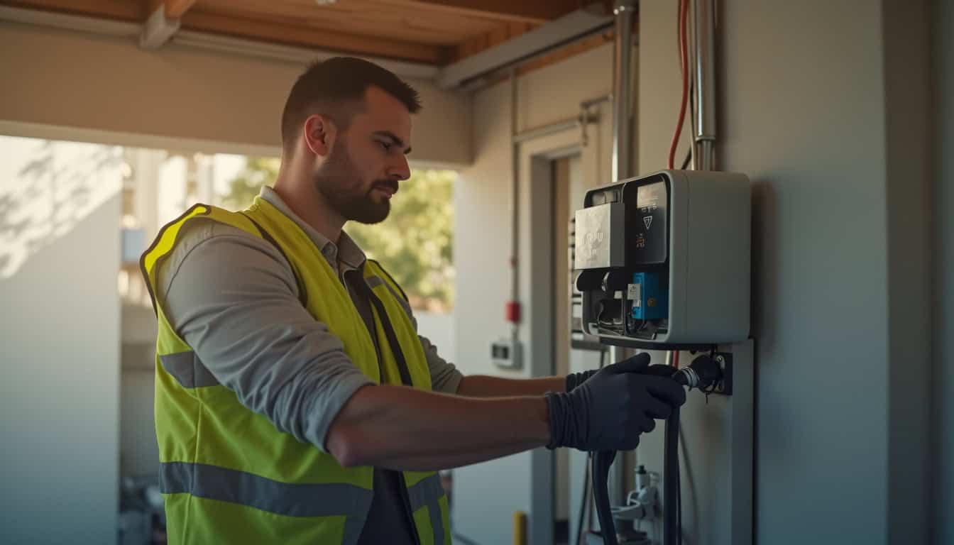 Technicien en train d’installer une borne de recharge électrique dans une maison à Orvault