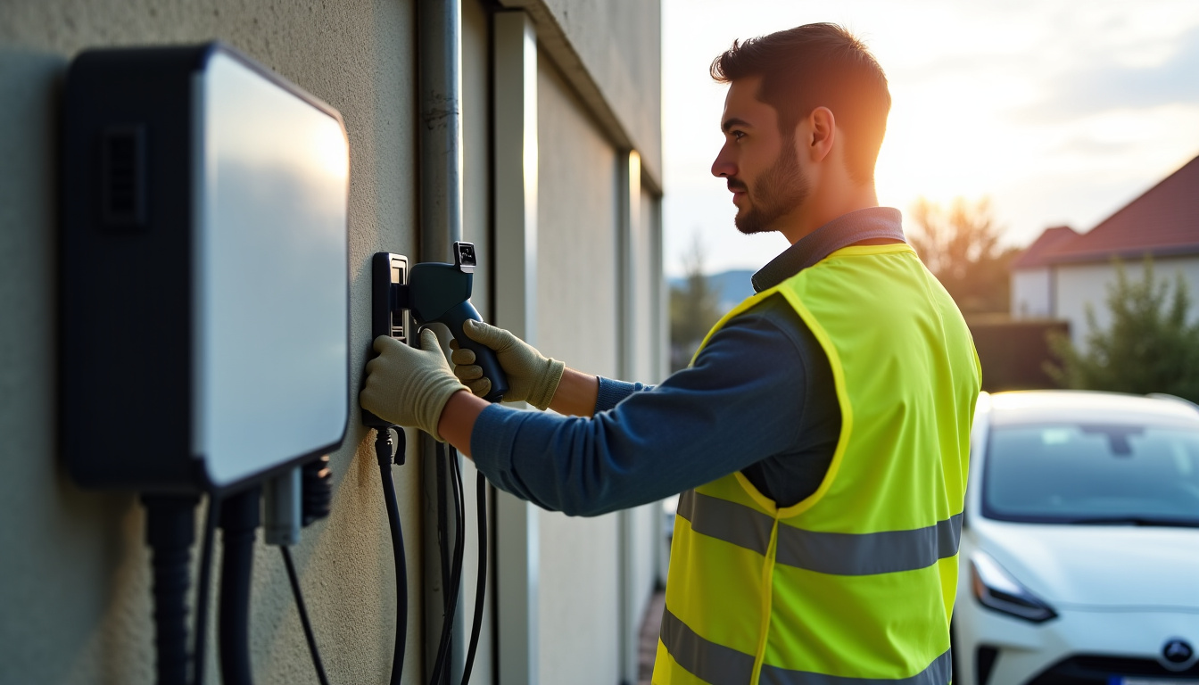 Technicien en train d’installer une borne de recharge électrique pour un particulier à Tarbes