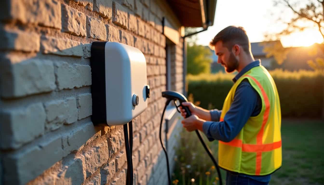 Technicien en train d’installer une borne de recharge électrique sur un mur extérieur à Châtillon-Coligny