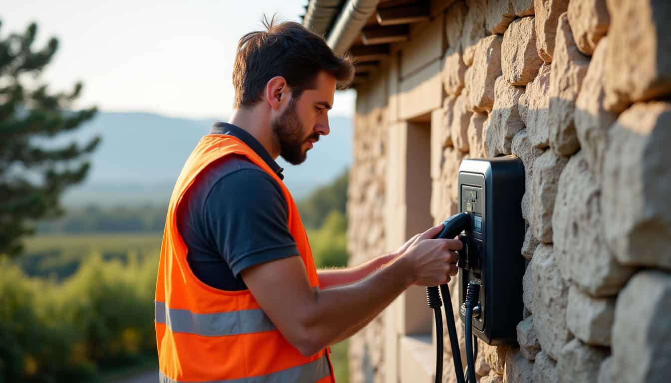 Technicien en train d’installer une borne de recharge électrique sur un mur extérieur à Nieulle-sur-Seudre
