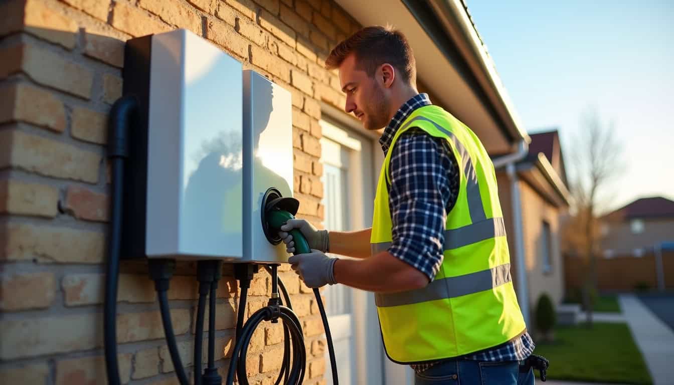 Technicien en train d’installer une borne de recharge électrique sur un mur extérieur à Pont-de-Veyle