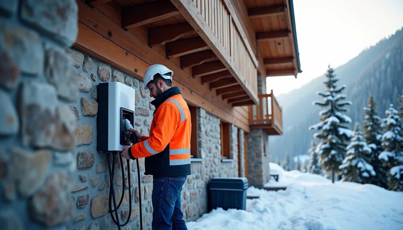 Technicien en train d’installer une borne de recharge électrique sur un mur extérieur à Valloire