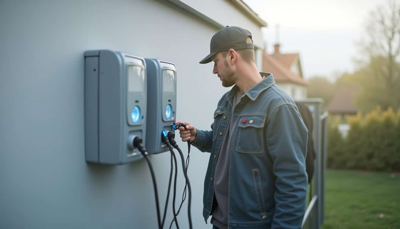 Technicien en train d’installer une borne de recharge IRVE dans une maison à Louvigné-de-Bais