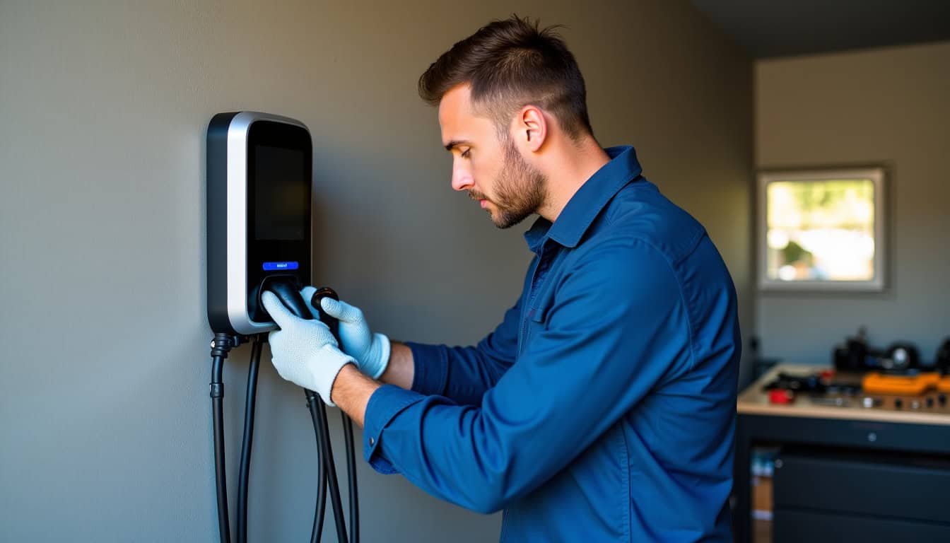 Technicien en train d’installer une borne de recharge murale dans un garage à Saint-Rémy-l’Honoré