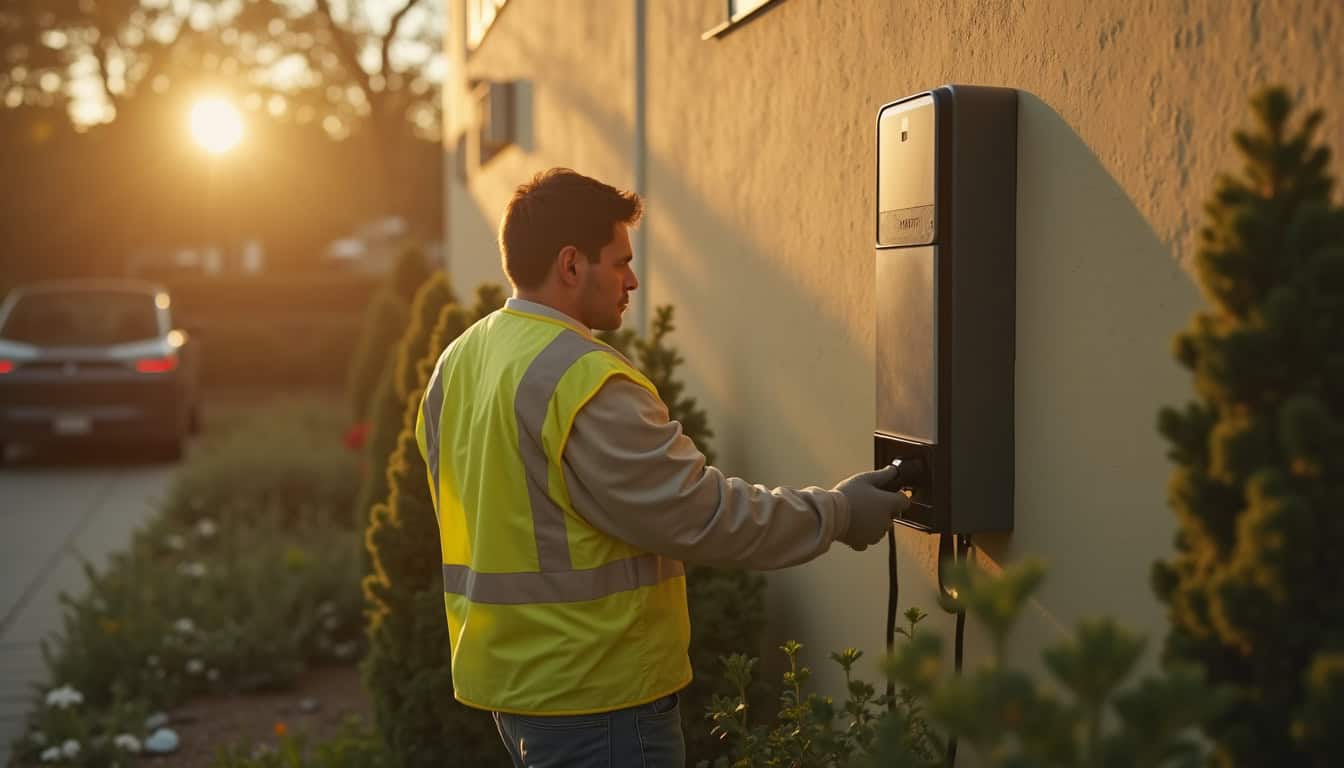 Technicien en train d’installer une borne de recharge murale sur un mur extérieur d’une maison à Les Pavillons-sous-Bois