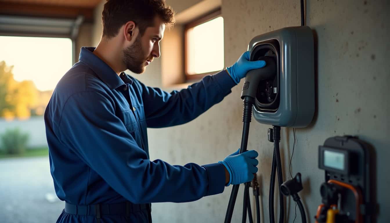 Technicien en train d’installer une borne de recharge pour véhicule électrique dans un garage à Lorrez-le-Bocage-Préaux
