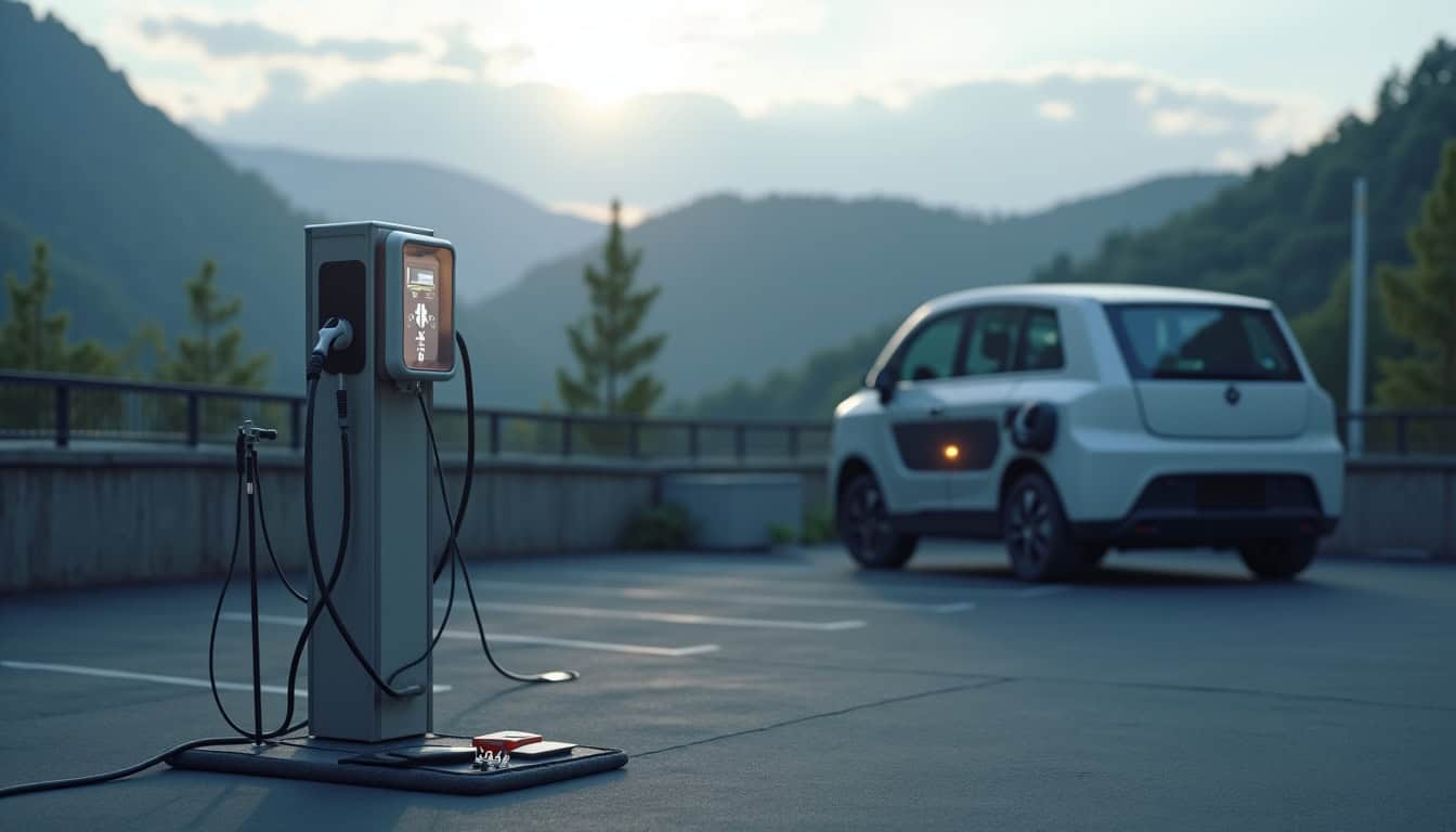 Technicien en train d’installer une borne de recharge sur un parking à Merxheim