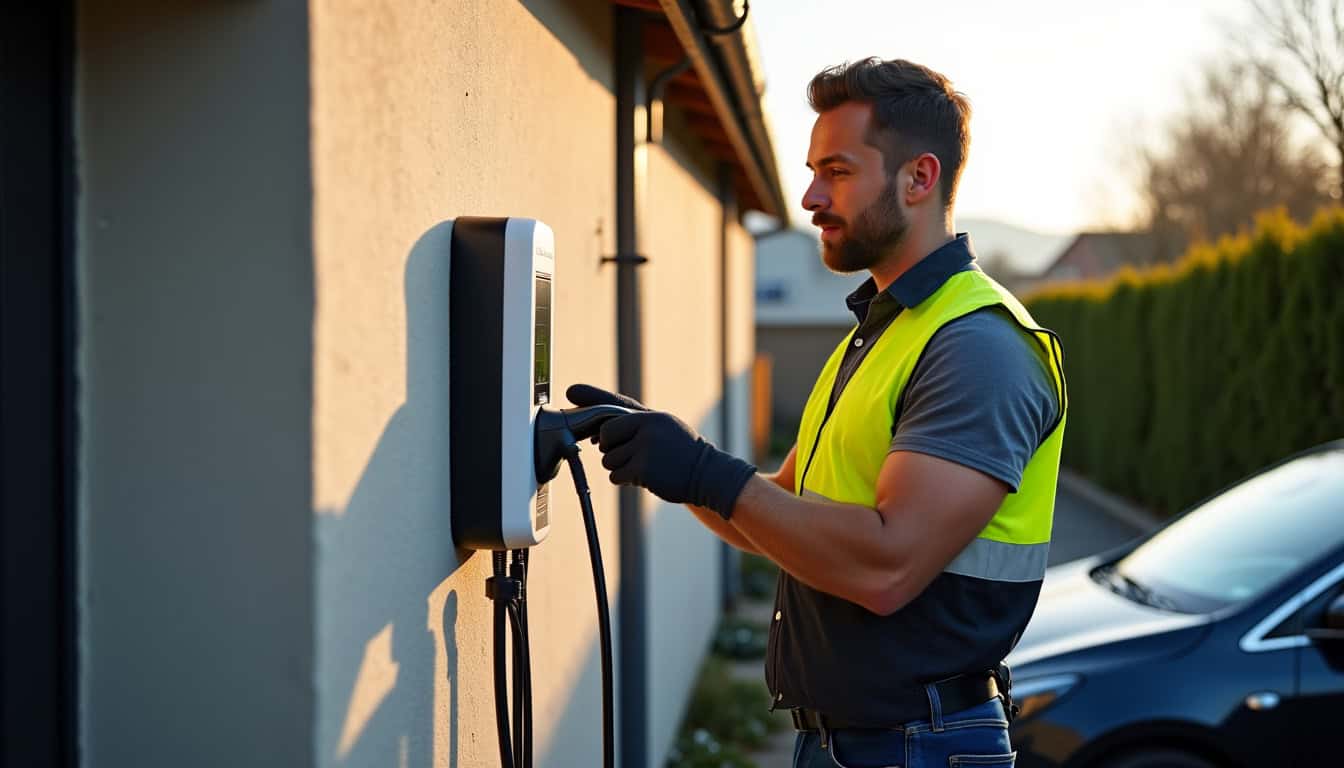 Technicien en train d’installer une borne électrique à Bétheny
