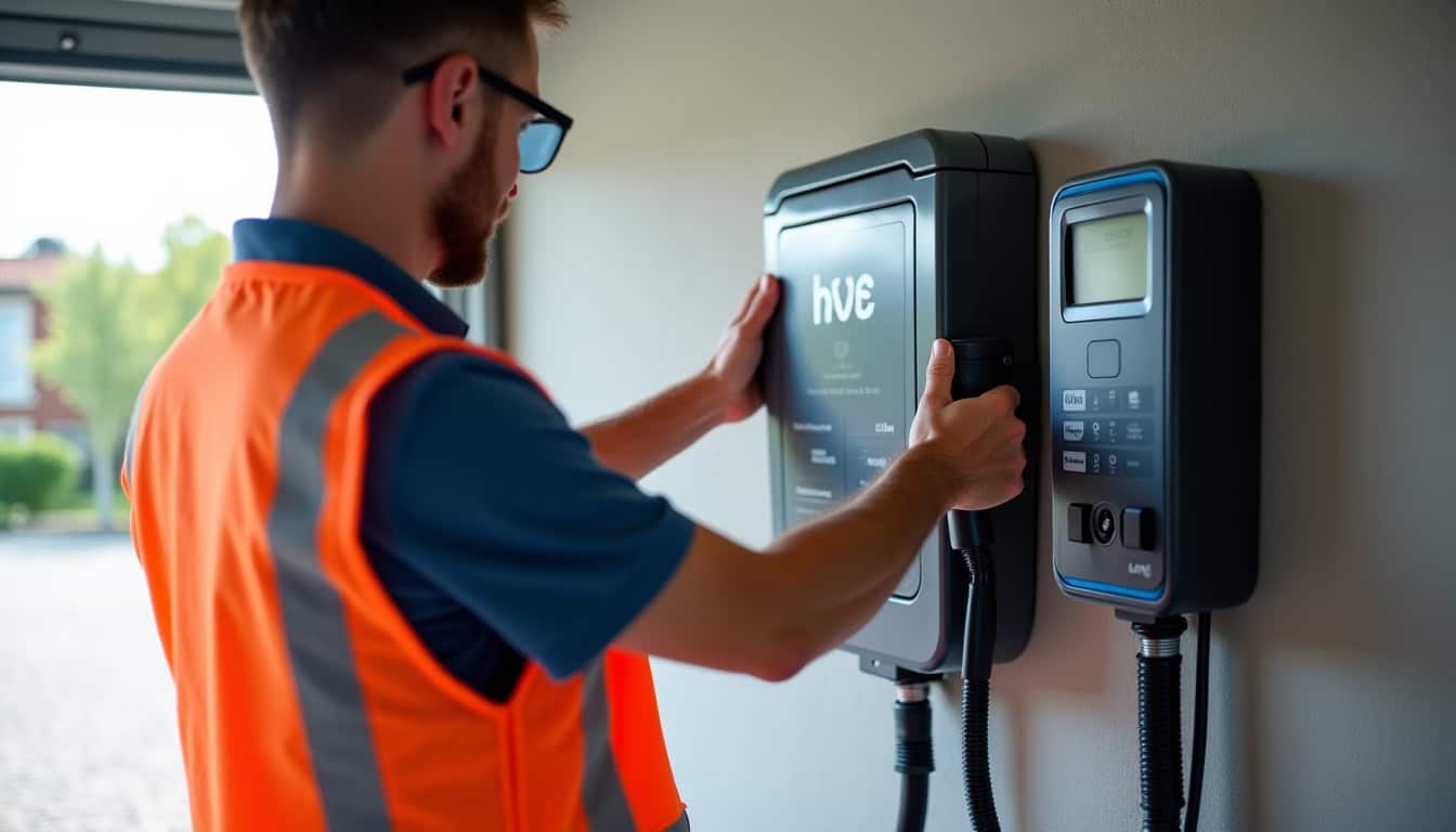 Technicien en train d’installer une borne IRVE certifiée dans une habitation à La Lande-de-Fronsac