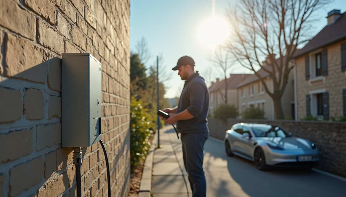 Technicien en train d’installer une wallbox sur un mur extérieur à Plonéis, avec le câble relié à un véhicule électrique