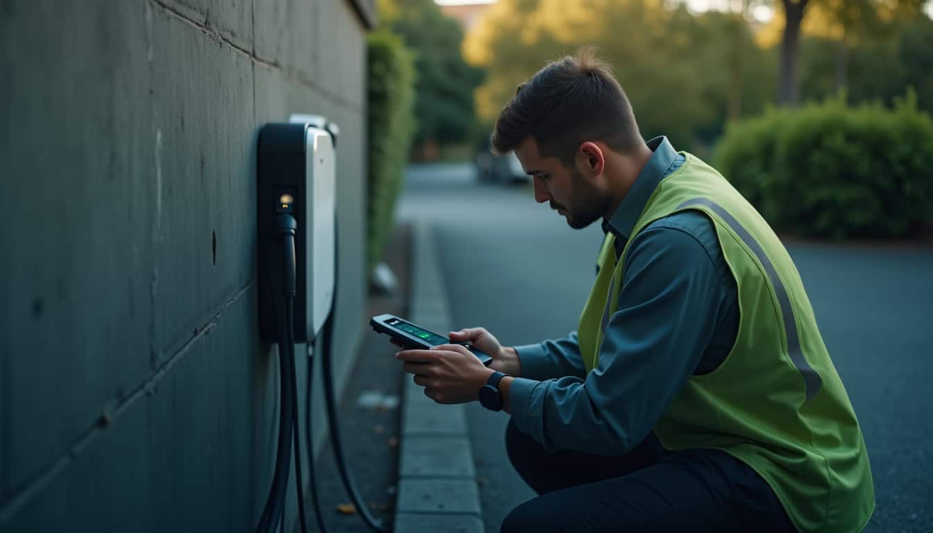 Technicien inspectant une borne de recharge avec un outil de diagnostic