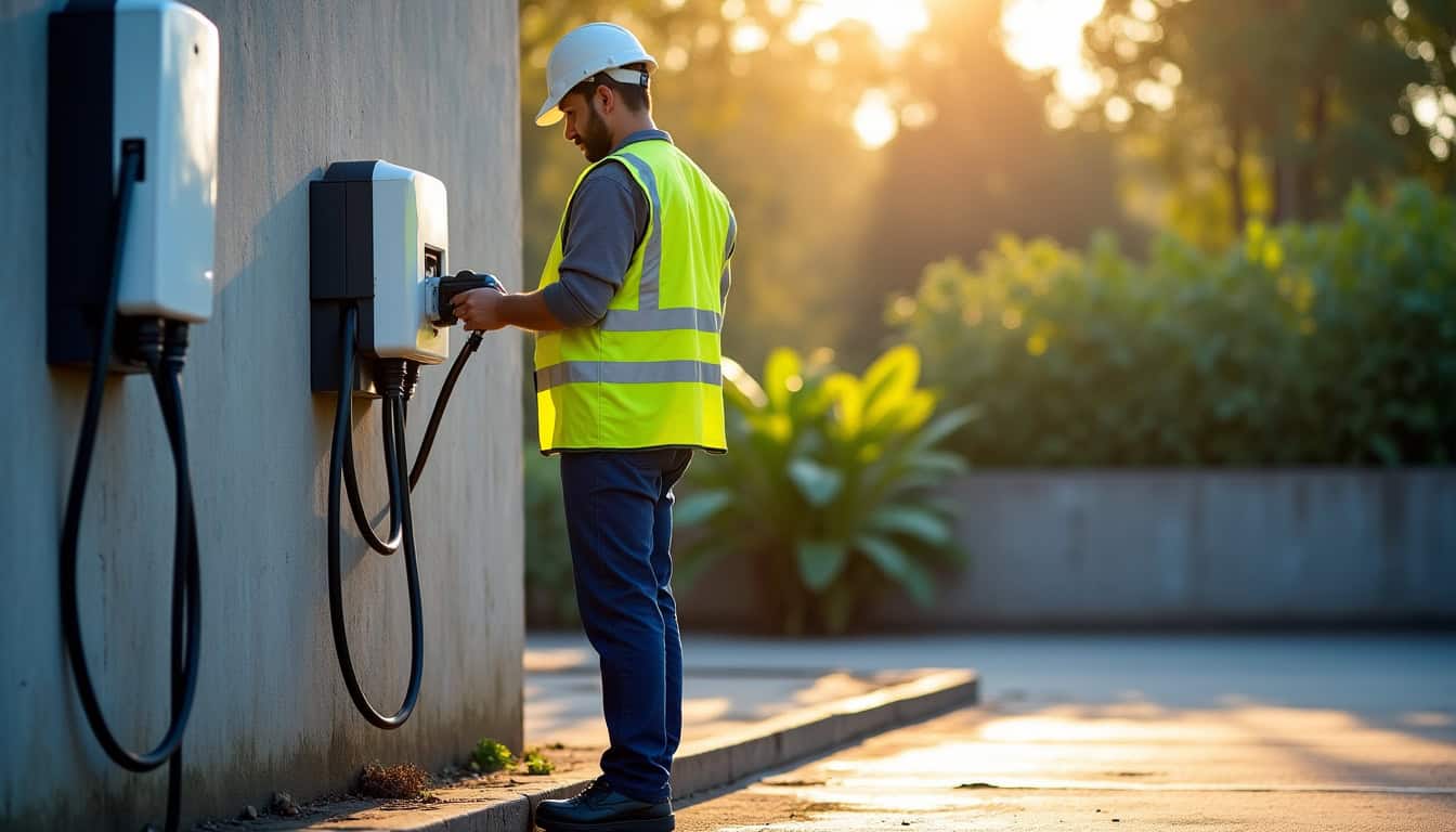 Technicien installant une borne de recharge électrique à Kourou